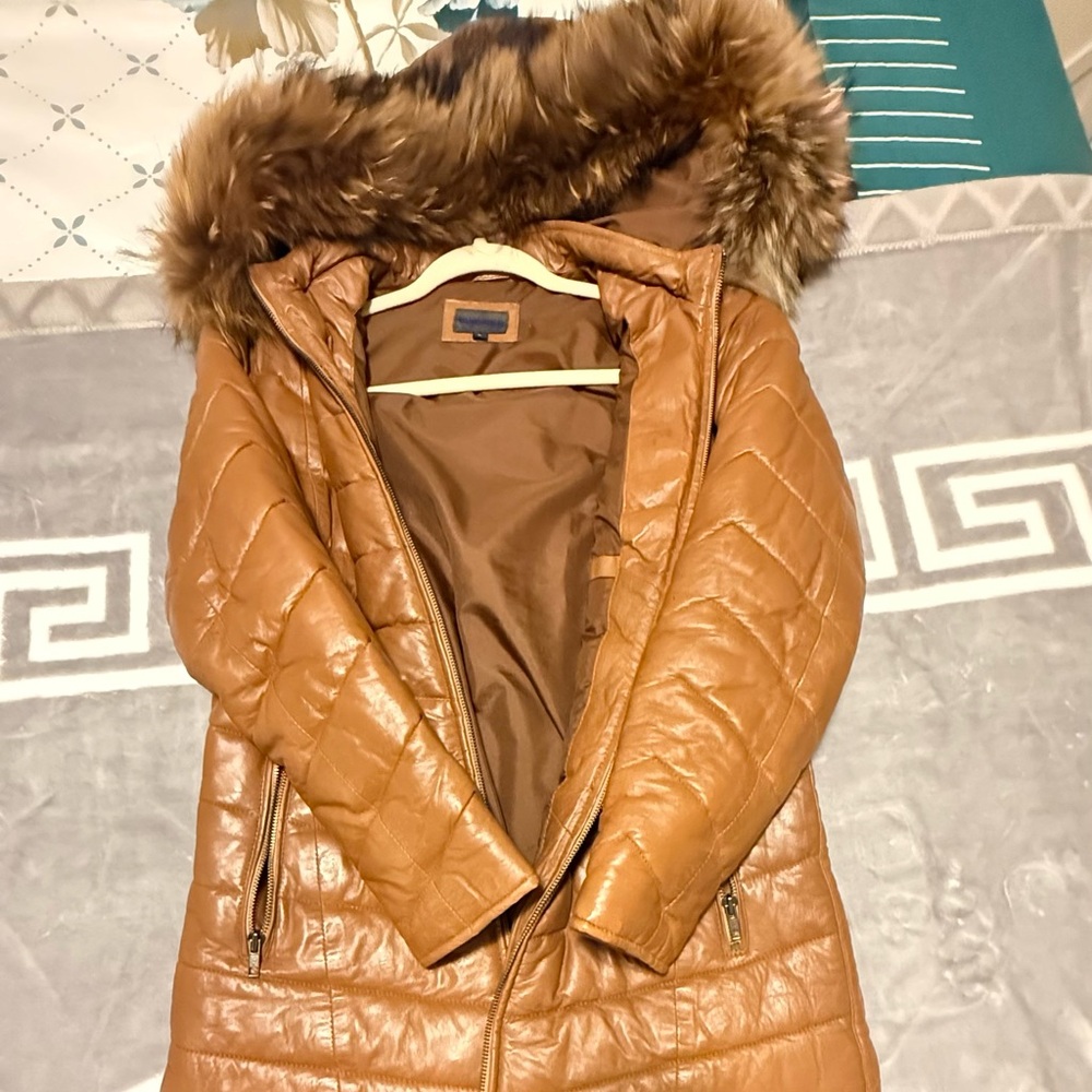 Women's Tan Quilted Puffer leather Jacket with real Fur Hood